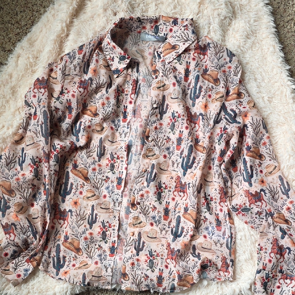 Western Print Sheer Button-Up